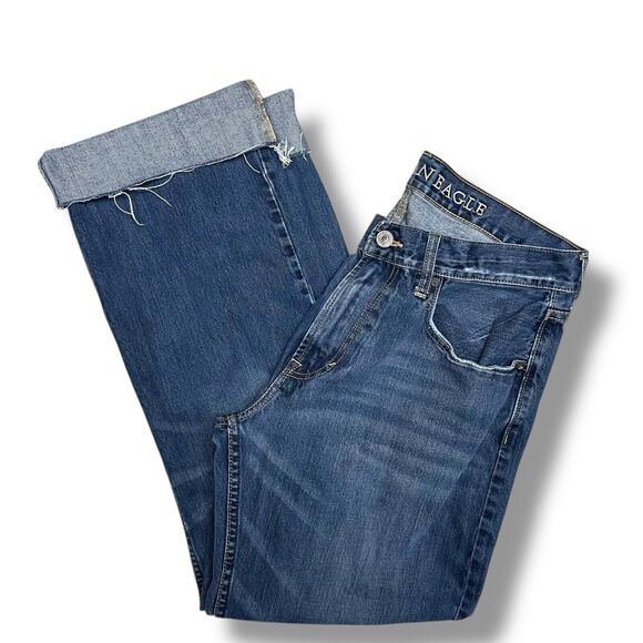 American Eagle Jeans Mens 34 x 32 Mid Rise Boot Cut Blue Cotton Denim Distressed - Picture 6 of 14